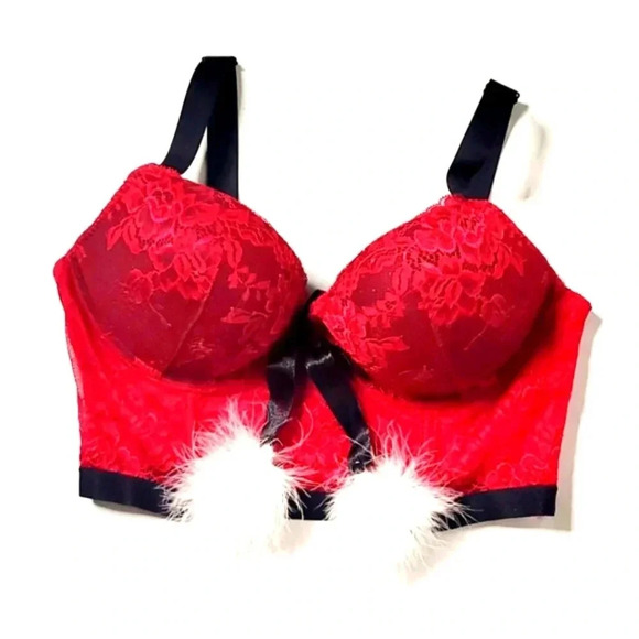 Lasenza Corset Bustier Red Fur Pom pom Sz Medium Black broad adjustable … - Picture 2 of 7